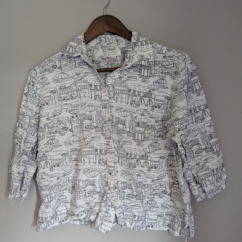 Christopher & Banks Black and White Architectural Button Down Shirt Summer